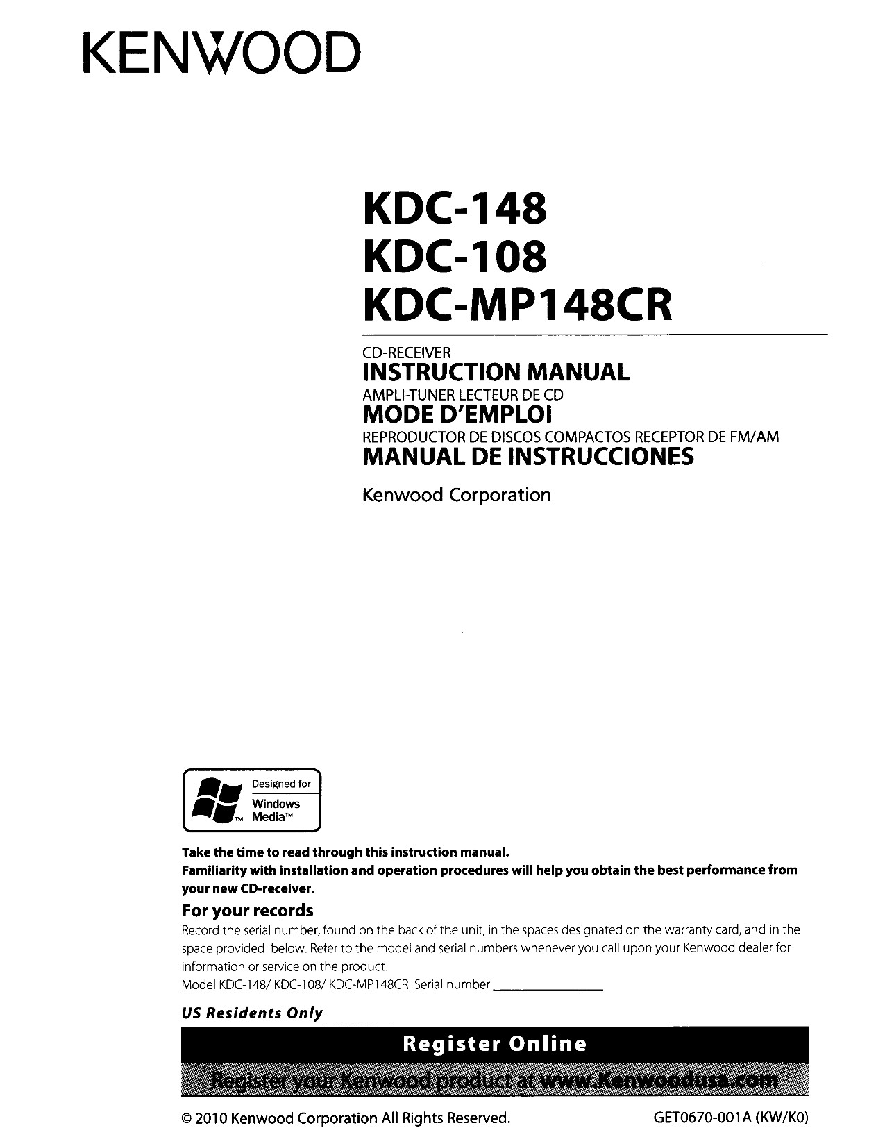 pdf for Kenwood Car Receiver KDC 148 manual