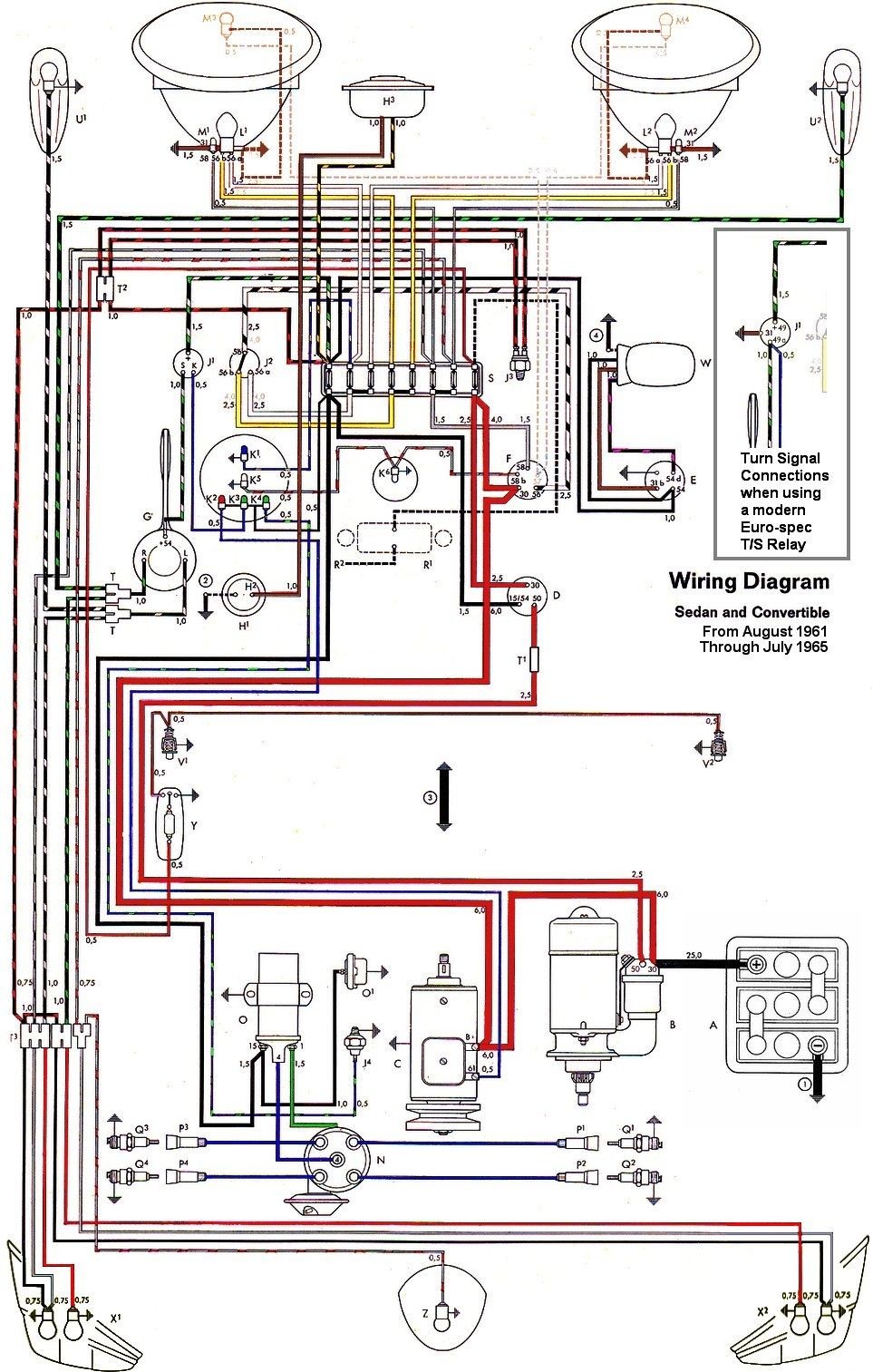 Wiring diagram VW beetle sedan and convertible 1961 1965