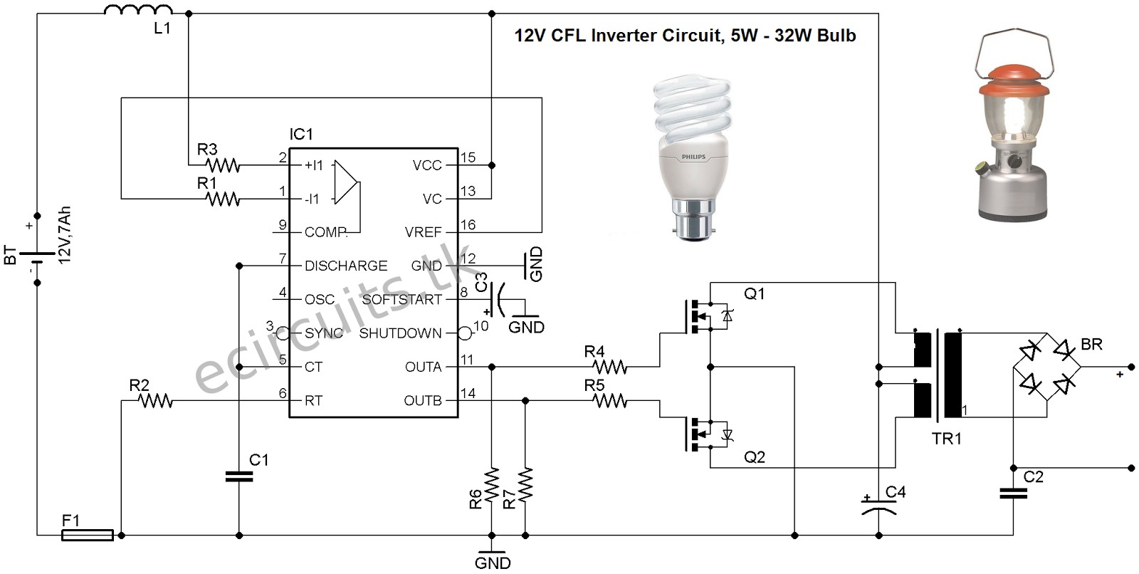 12V CFL Emergency Light Circuit Using 3525 IC