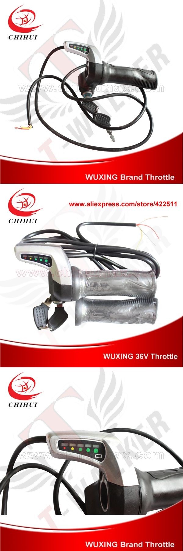 WUXING 36V Electric Bike Throttle Grip w Ignition Key & LED Indicator Electric Scooter Handle