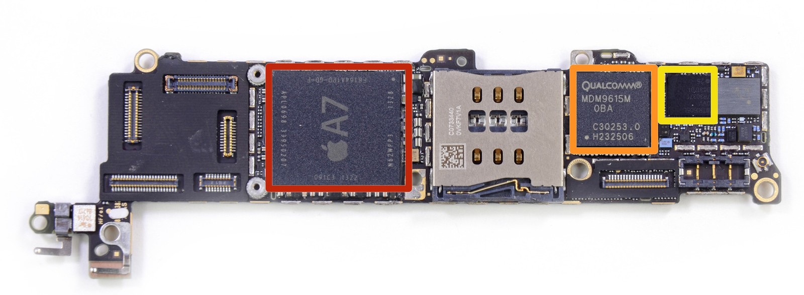 iPhone 5S logic board front showing A7 SoC Qual m modem transceiver