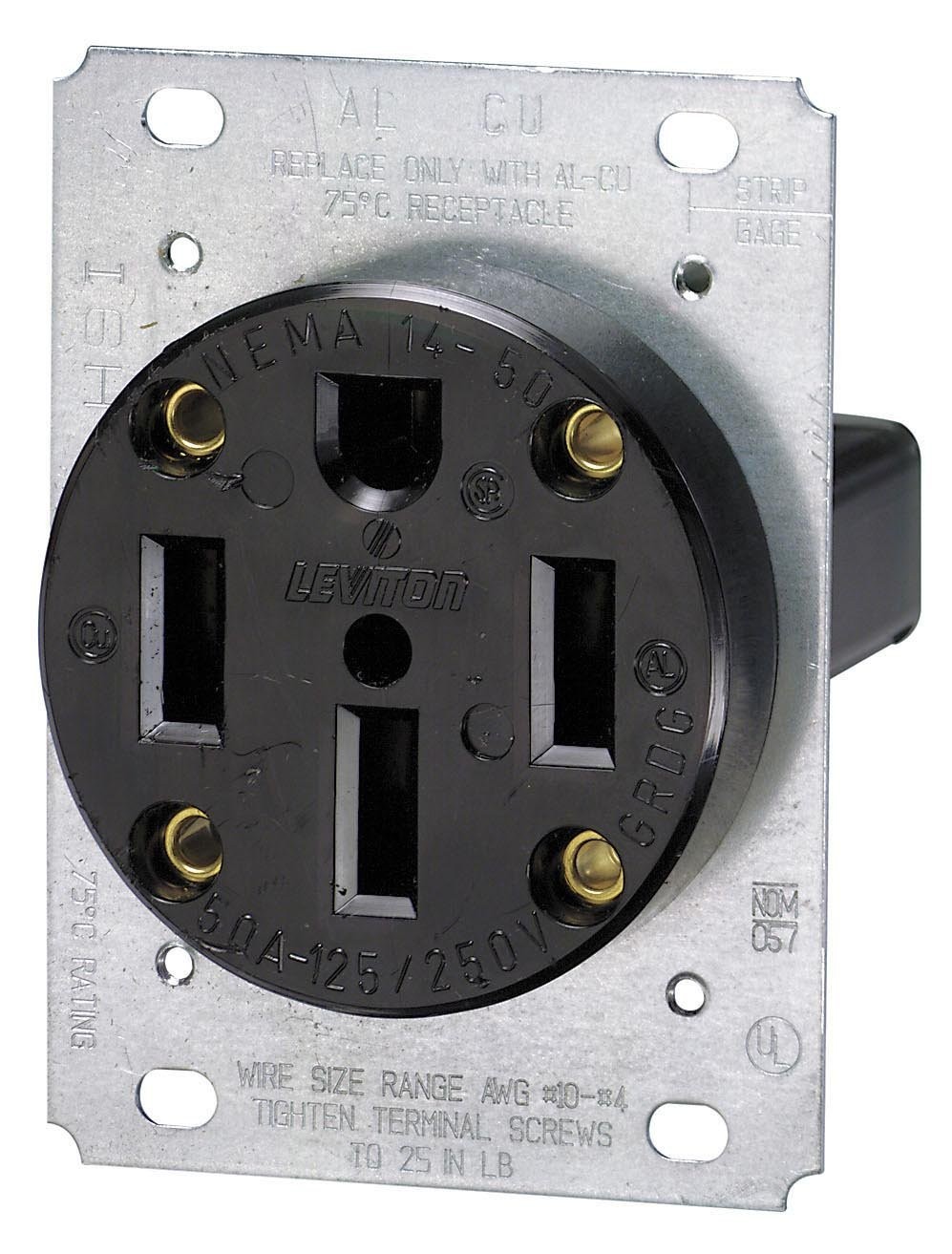 Leviton 279 50 Amp 125 250 Volt NEMA 14 50R 3P 4W Flush Mounting Receptacle Straight Blade Industrial Grade Grounding Side Wired Steel Strap