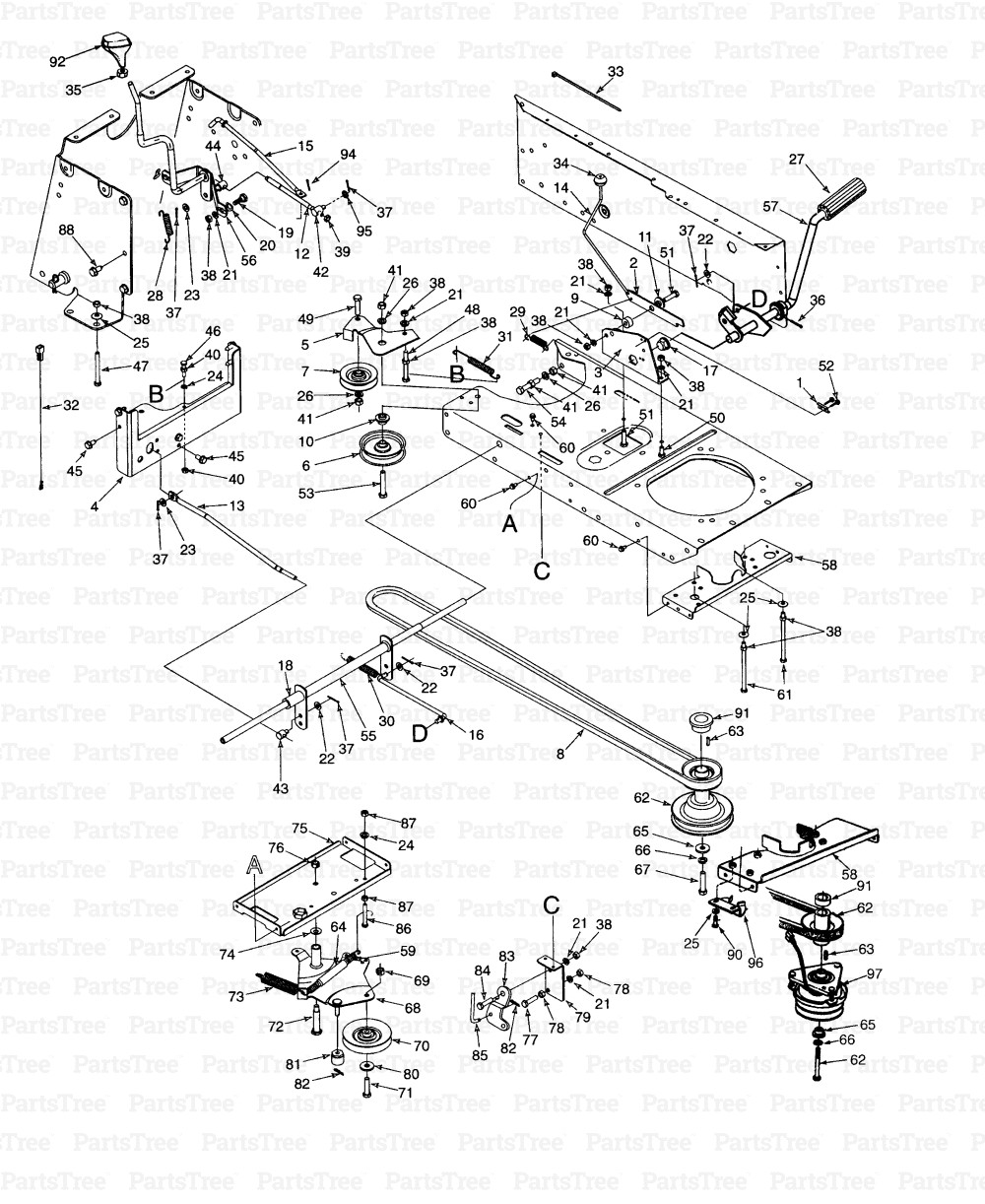 MTD 147Y834P401 Yard Man Garden Tractor 1997 PTO Clutch Drive Pedal Assembly Diagram and Parts List