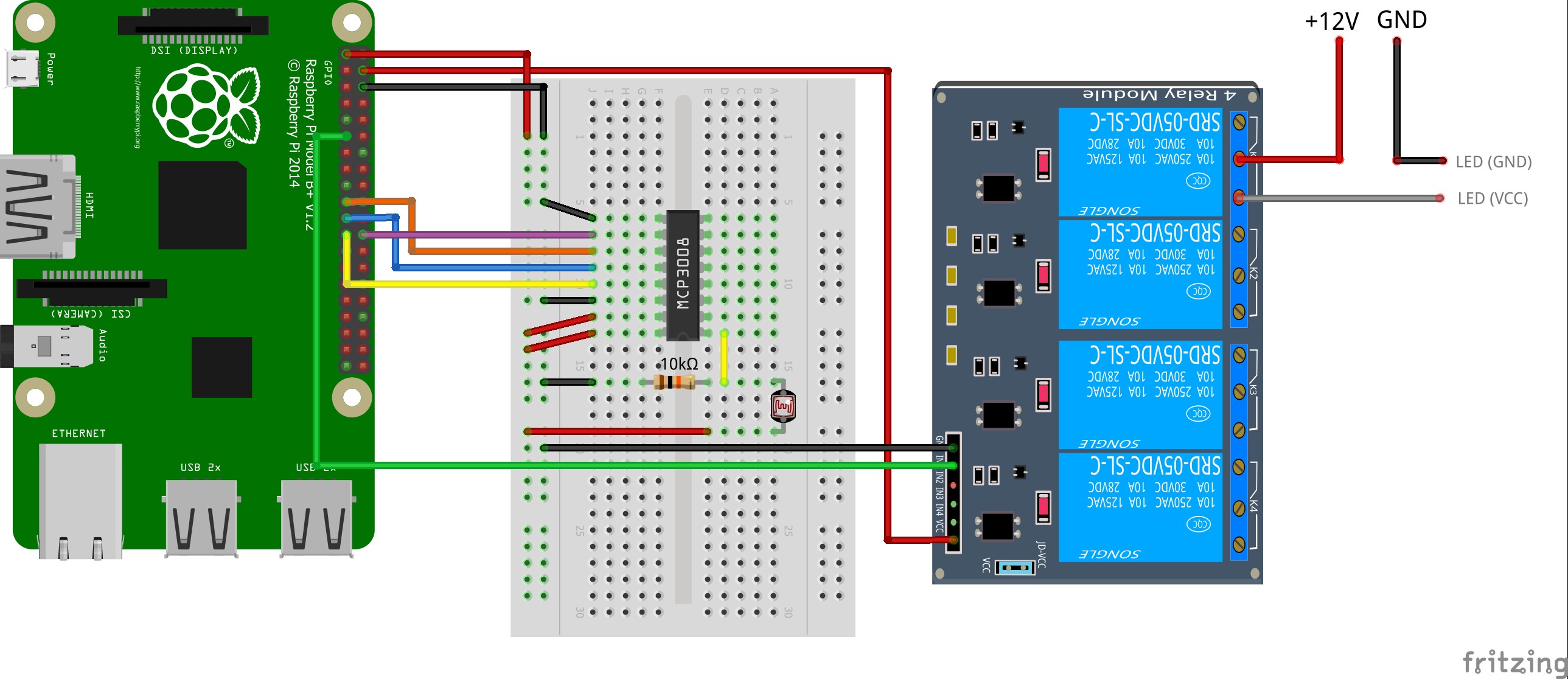 e of the 8 channels is used for the light sensor channel 0 We connect this via a pull up resistor as shown in the figure We also connect the relay