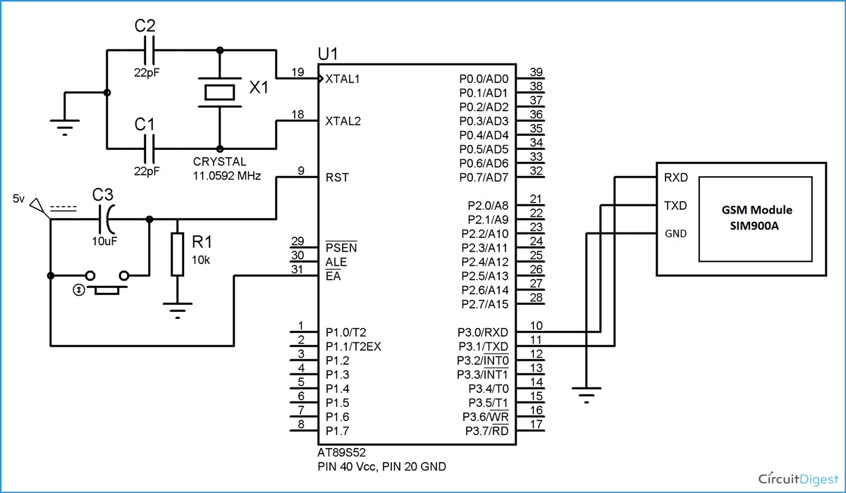 Circuit Diagram for GSM Interfacing with 8051 Microcontroller
