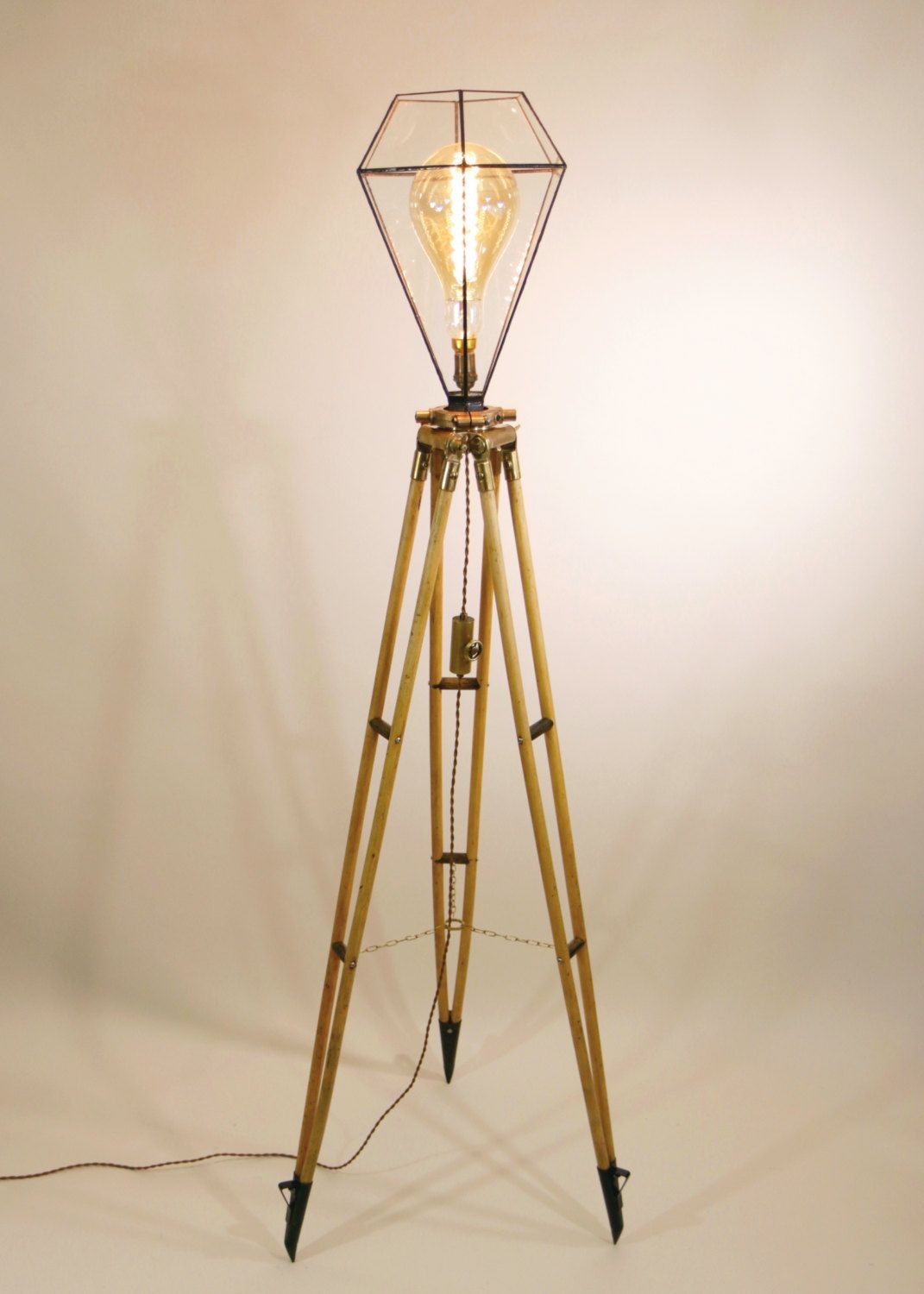 Vintage Surveyor s Tripod Floor Lamp Surveying Stand Lamp Oak & Brass Light Tripod