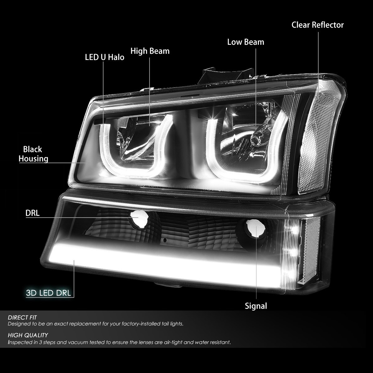 For 03 06 Chevy Silverado Classic Avalanche LED DRL Dual Halo Headlights