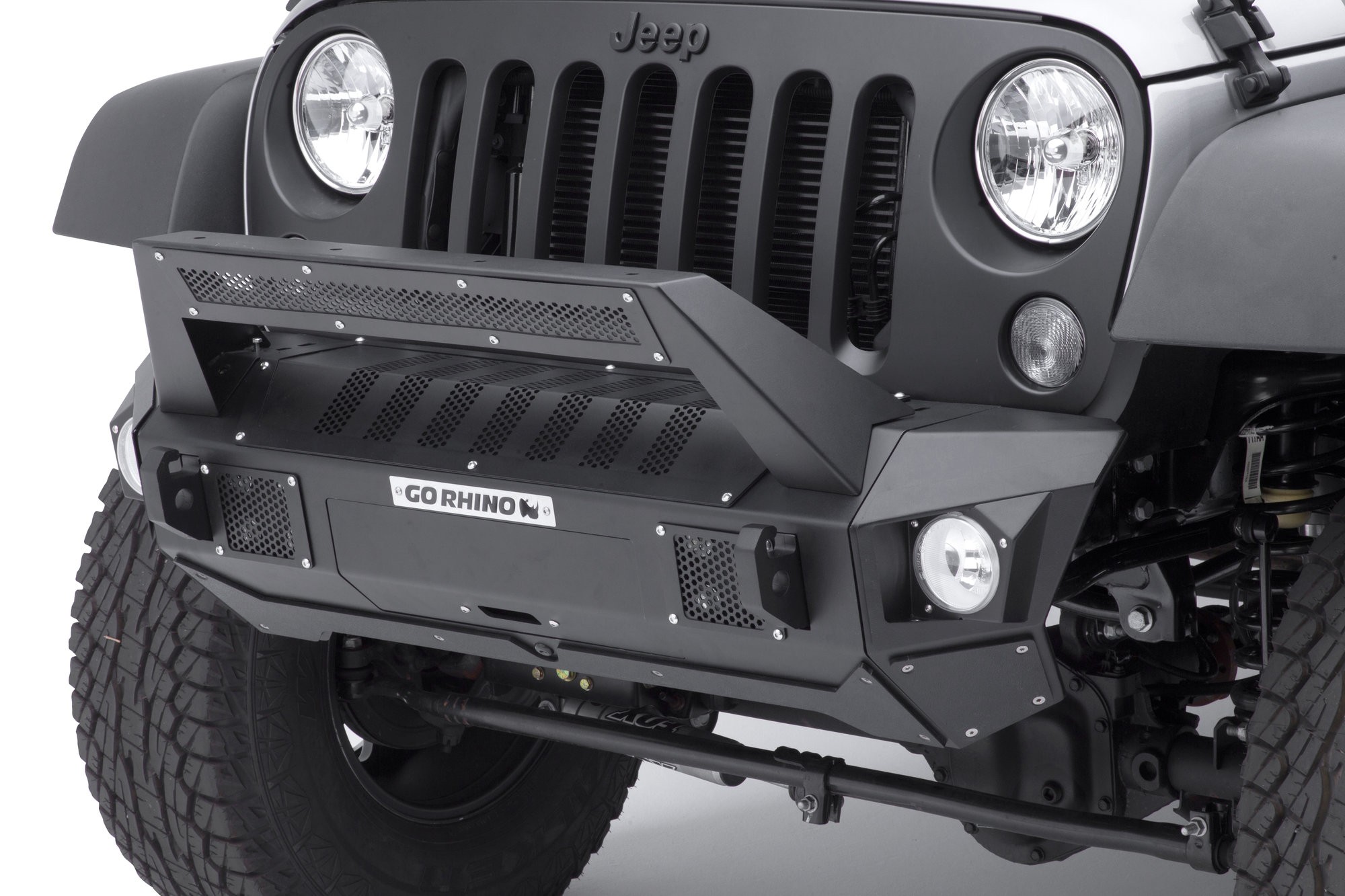 Go Rhino T Front Bumper with Stubby End Caps and Roadline Light Mount Bar for 07 18 Jeep Wrangler and Wrangler Unlimited JK