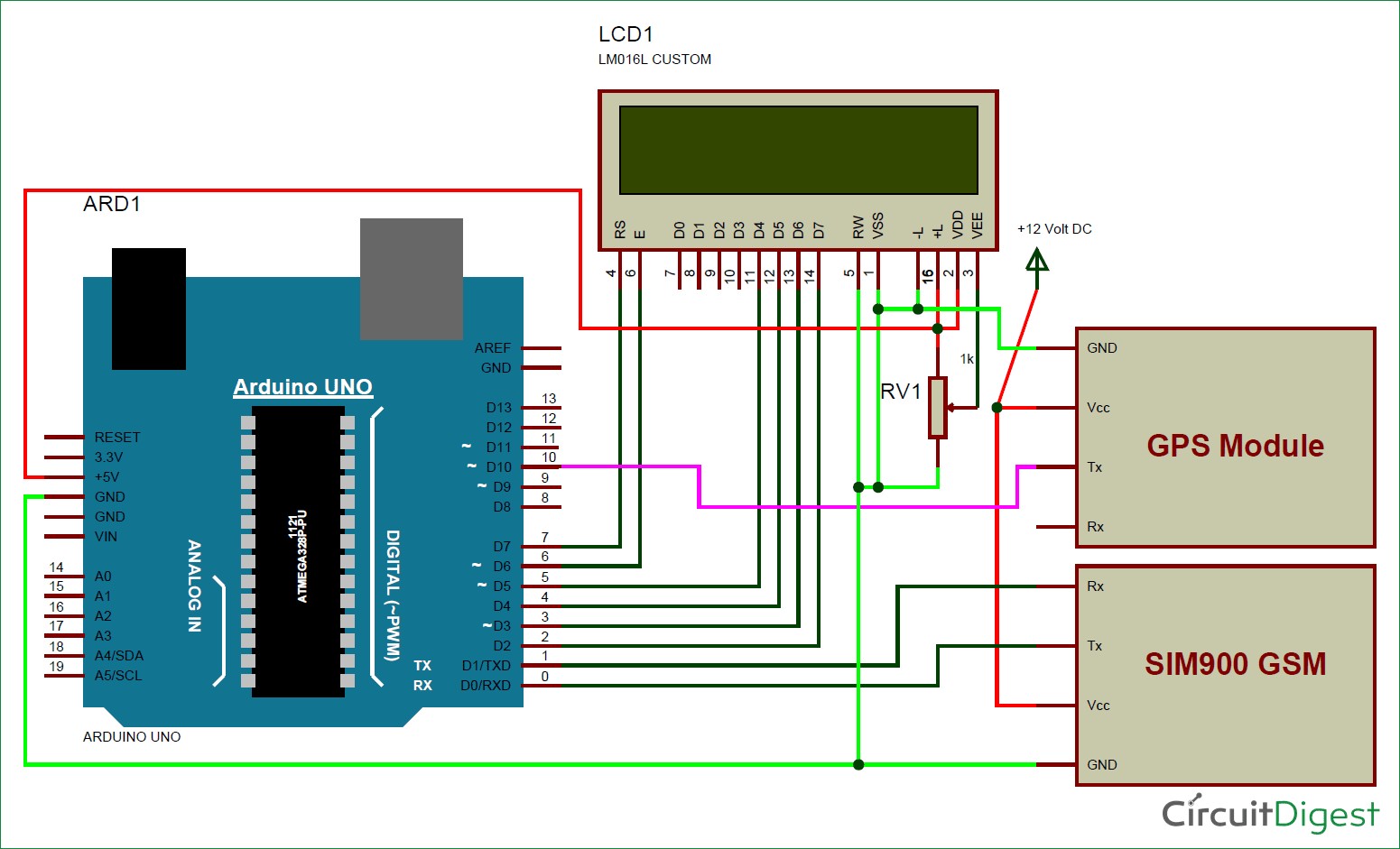 Arduino based Vehicle Tracker using GPS and GSM circuit diagram