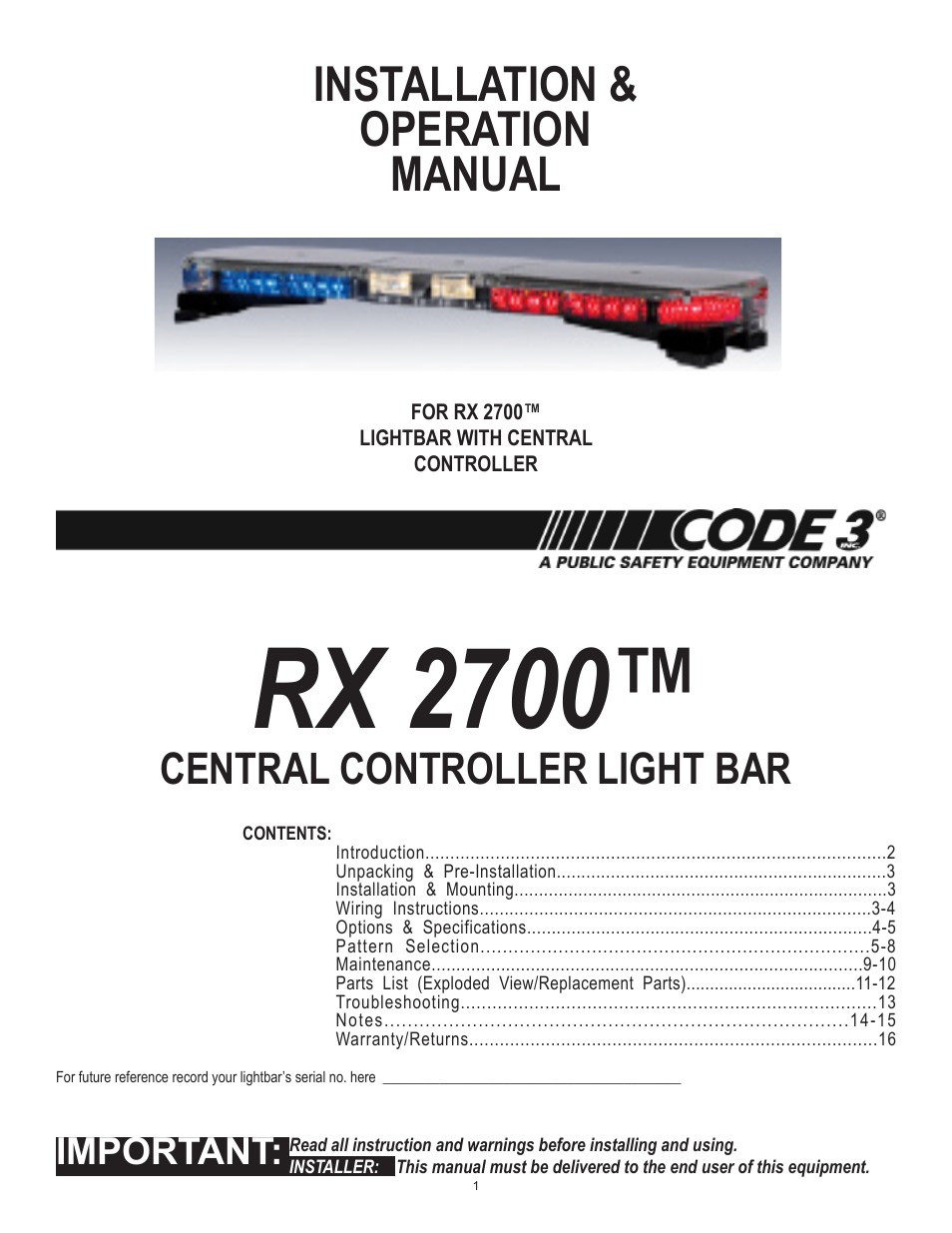 Code 3 Rx 2700cc User Manual 16 Pages