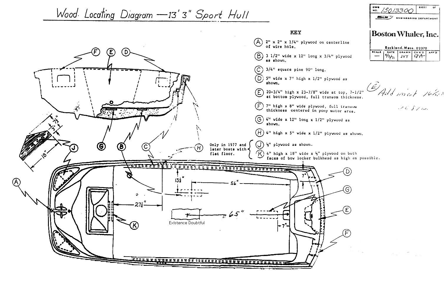 Boston Whaler Dwg Wood Locating Diagram—13 3" Sport Hull dated 4 5 71