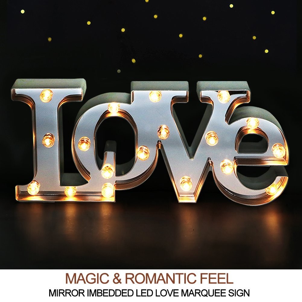 Amazon Bright Zeal 7" Tall LED LOVE Marquee Sign Letters MIRROR IMBEDDED 6hr Timer Marquee Letters with Lights Wedding Decorations