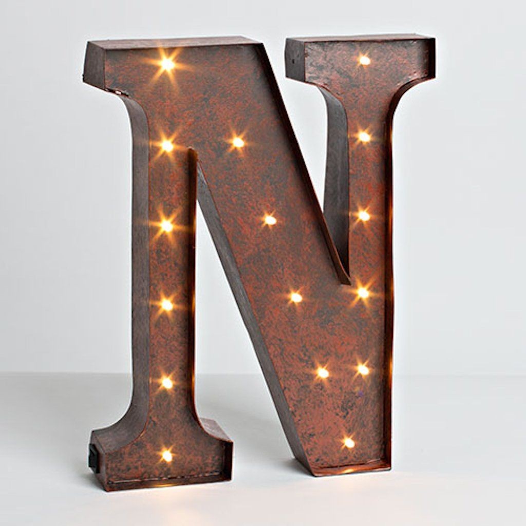 Rustic Brown Metal Battery Operated LED Lighted Letter "N"