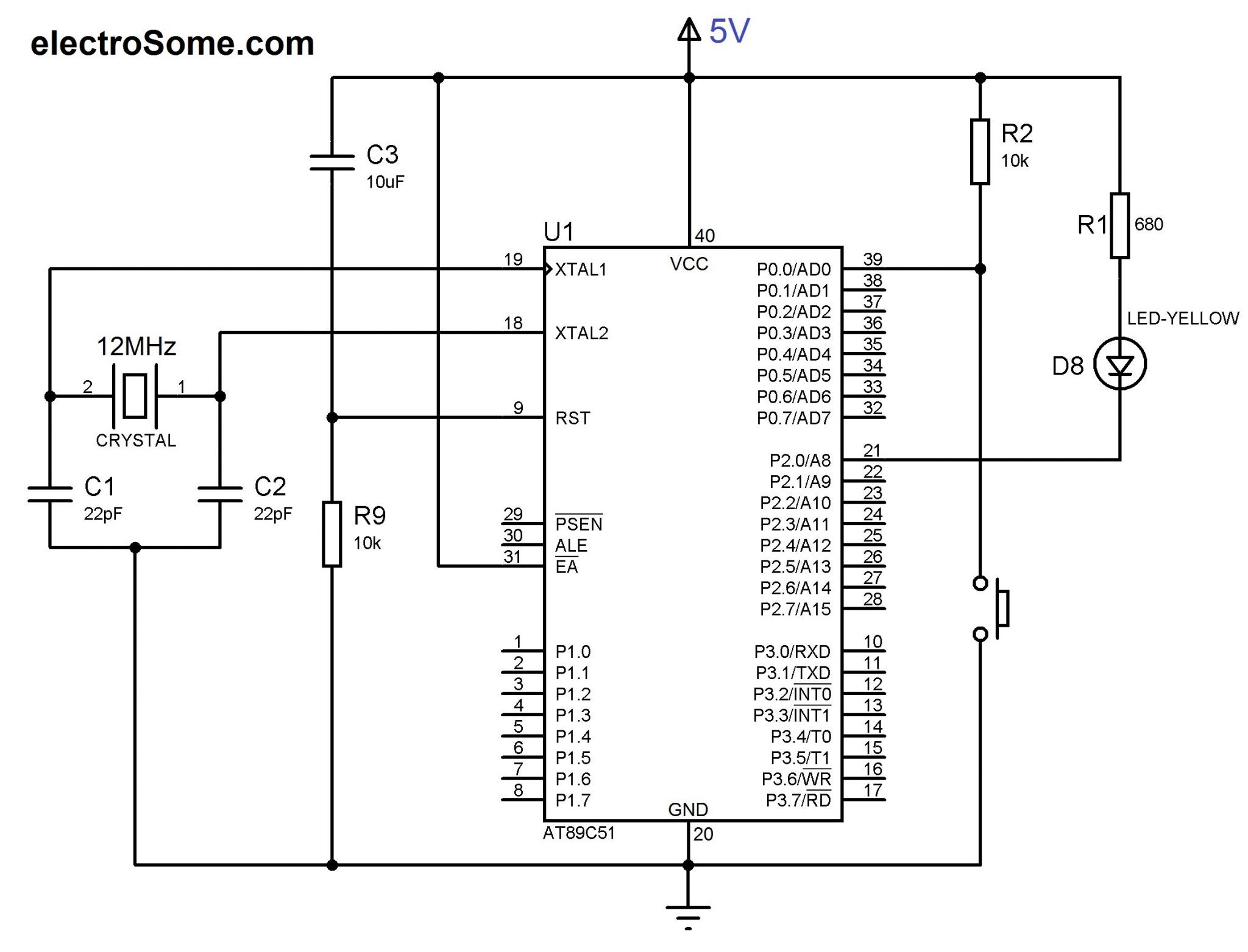 Circuit Diagram LED and Switch Interfacing with AT89C51 8051 Microcontroller