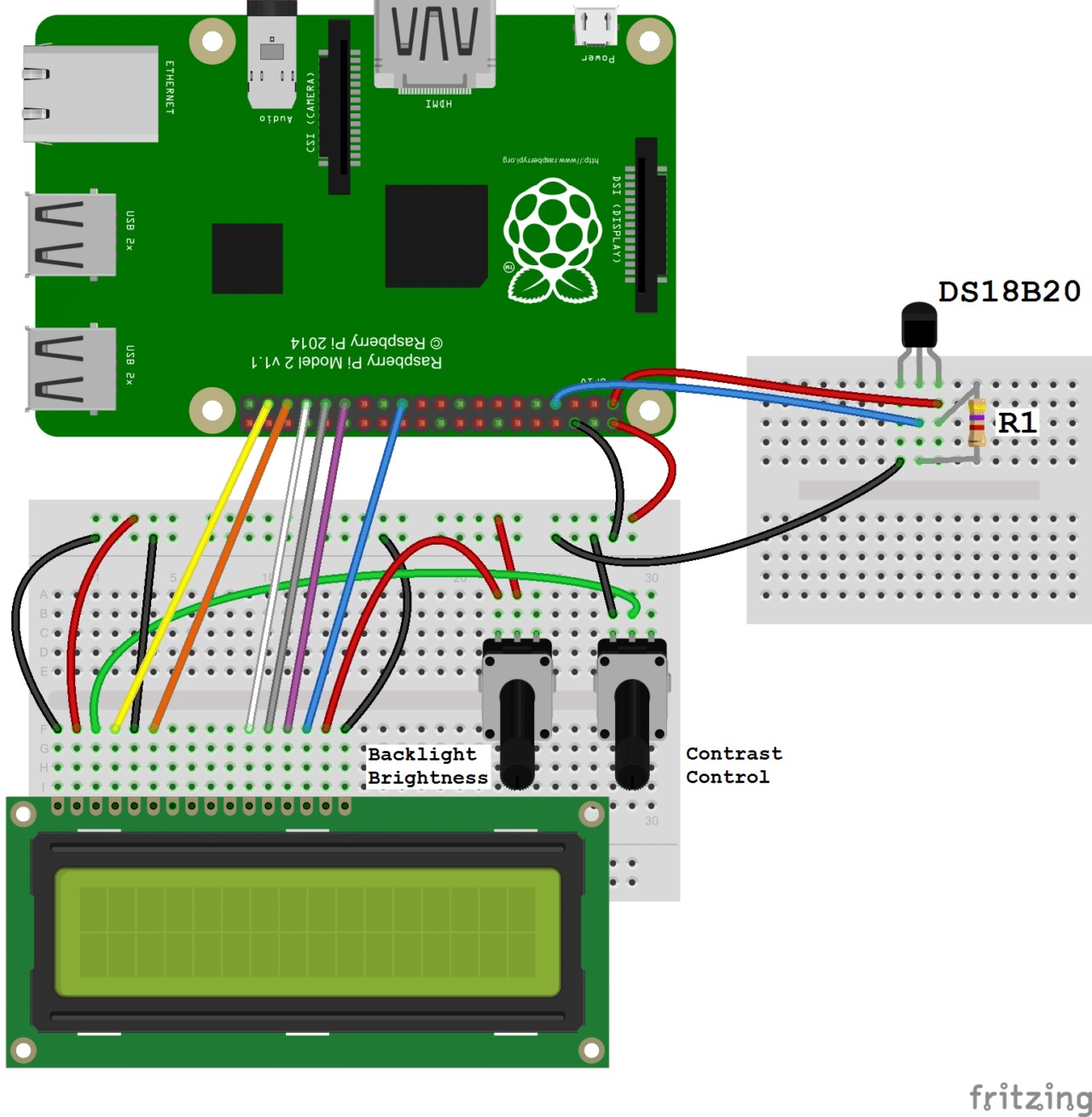 Follow this diagram to output the temperature readings to an LCD Raspberry Pi