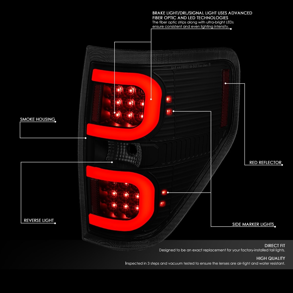 For 2009 2014 Ford F150 Pair Dual LED C Bar Tube Tail Light Rear