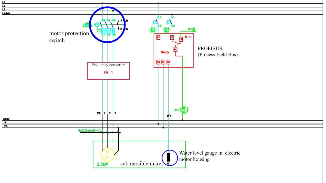 3 Phase electric motor connection scheme to power grid Motor protection switch Profibus