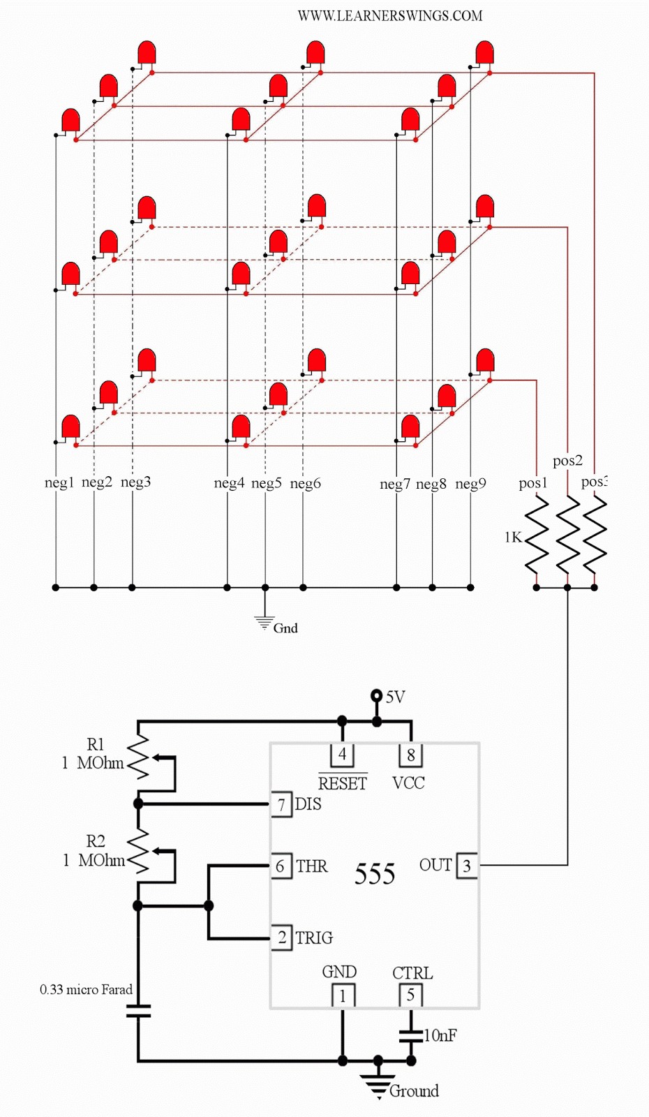 A Low Cost 3 3 3 LED Cube using 555 Timer IC Astable Mode Operation of 555 Read more about circuit at
