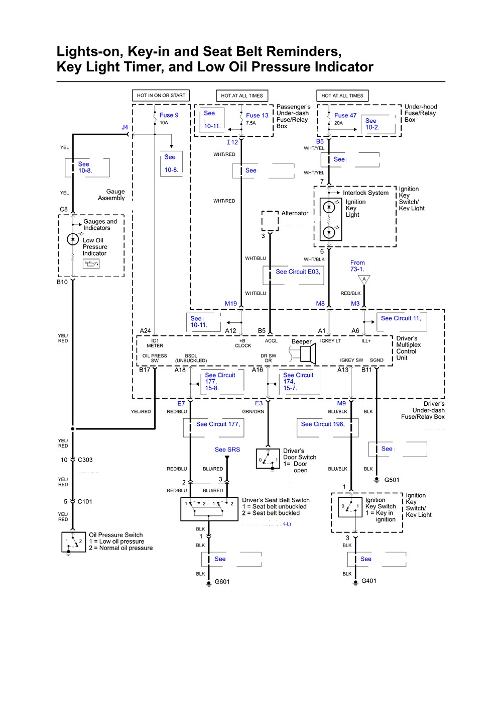 LIGHTS ON KEY IN AND SEAT BELT REMINDERS KEY LIGHT TIMER AND LOW OIL PRESSURE INDICATOR ELECTRICAL SCHEMATIC 2003