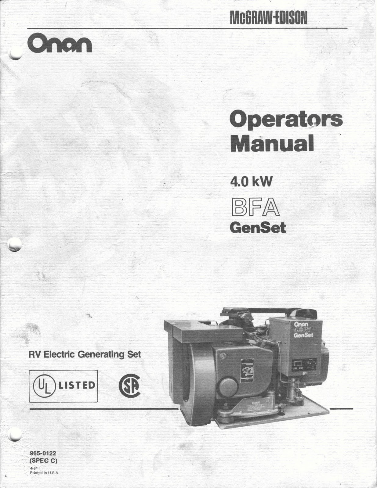 ONAN 4 0 KW BFA Genset Operators Manual