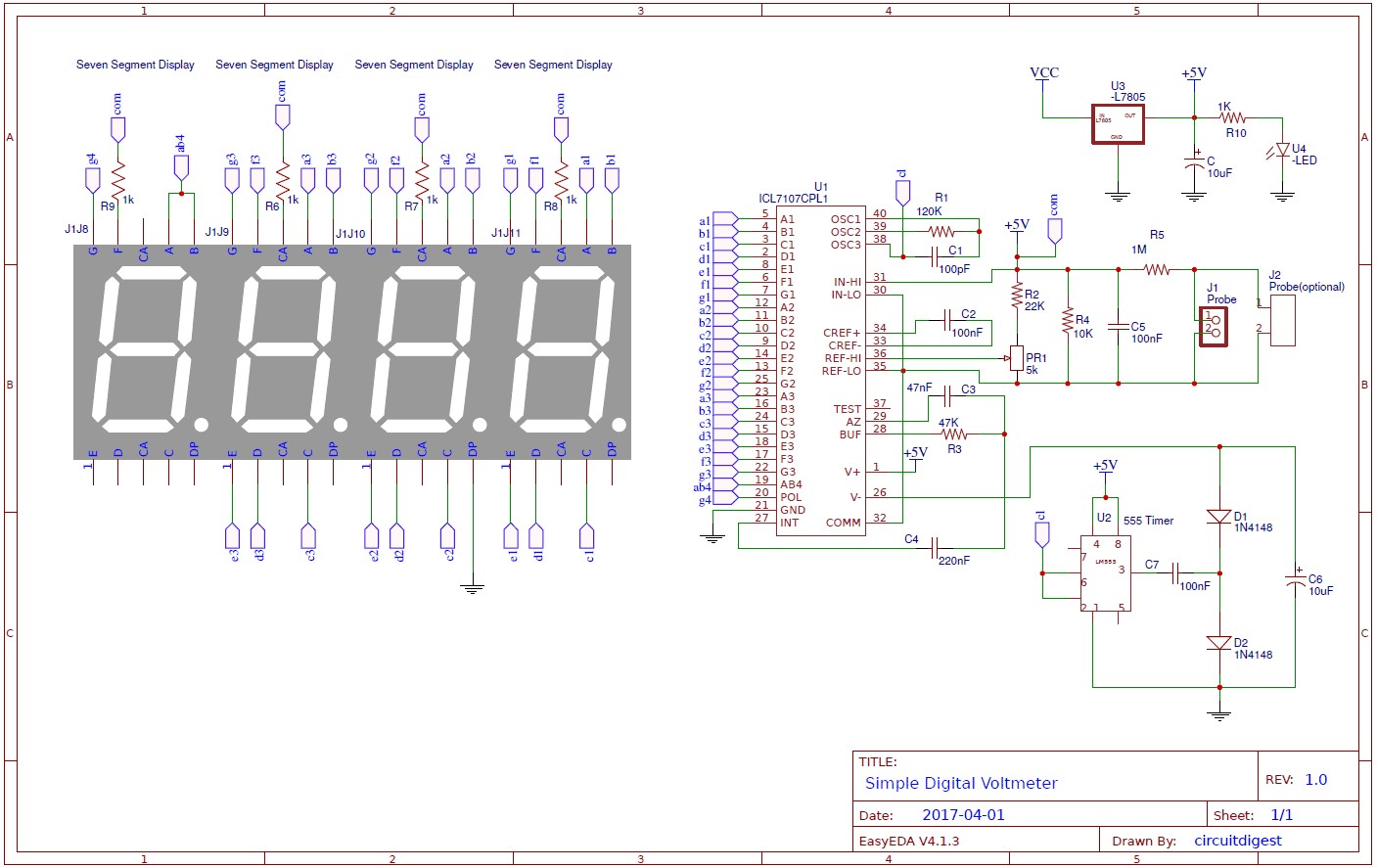 Simple Digital Voltmeter Circuit Diagram using ICL7107