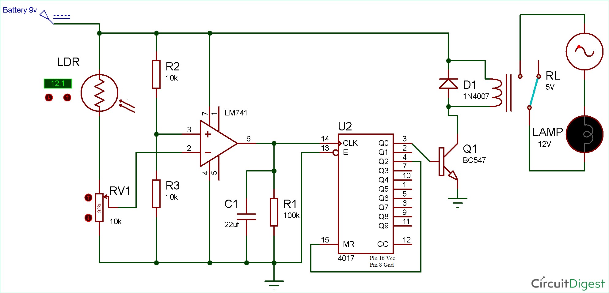Wireless Switch Circuit diagram using LDR and CD4017