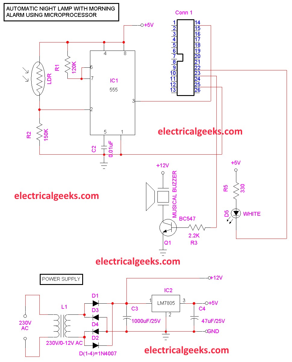 Automatic Night Lamp with Morning Alarm using 8085 Microprocessor