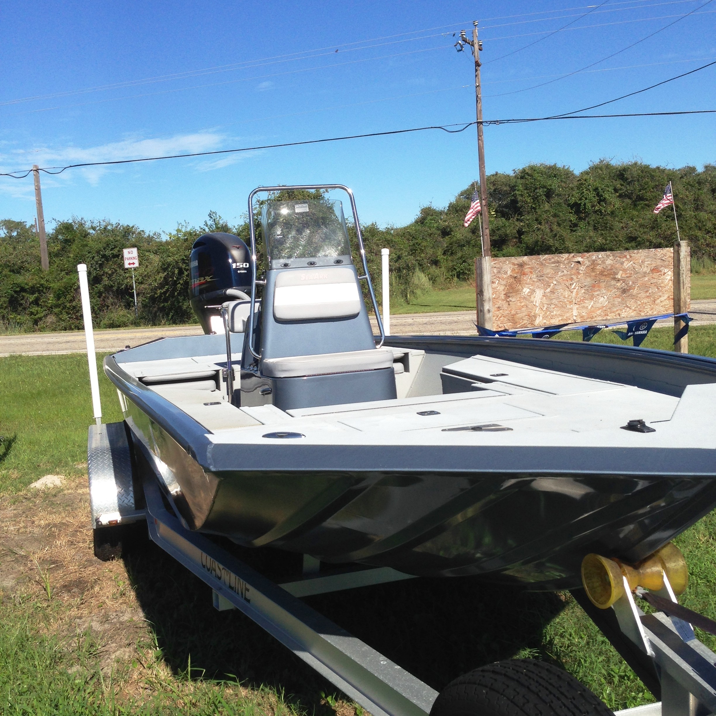 Sea Ark 22 72 Bay Extreme In Steele Blue With Yamaha VF150 Coastline Tandem Trailer and mounted Spare 125 Ga Welded Aluminum hull with 3 16 Keel