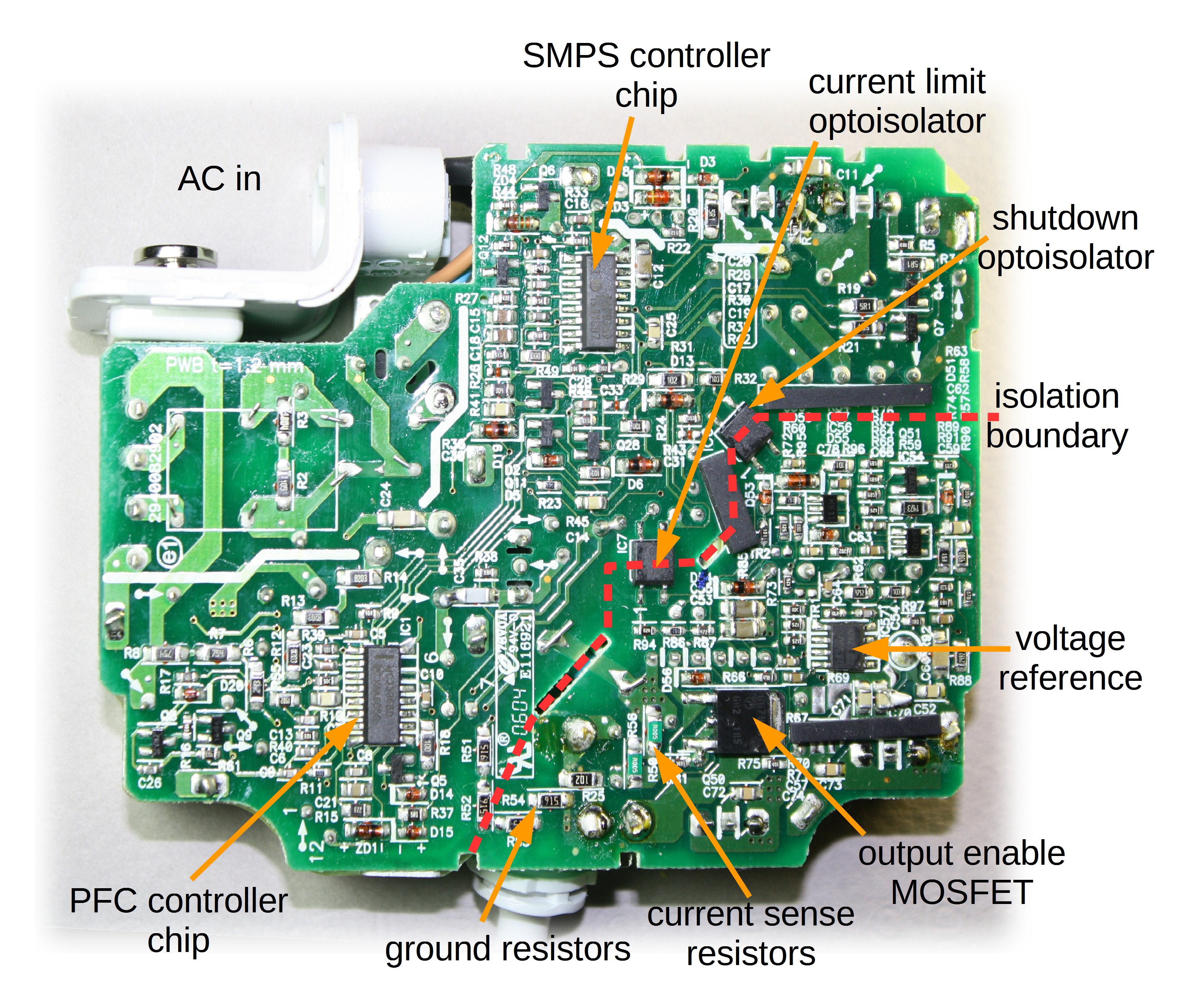 The printed circuit board from an Apple 85W Macbook power supply showing the tiny ponents