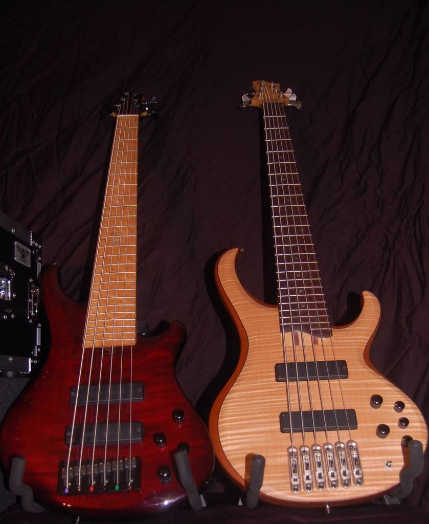 Roscoe LG3006 on the left and Ibanez BTB 6 string on the right