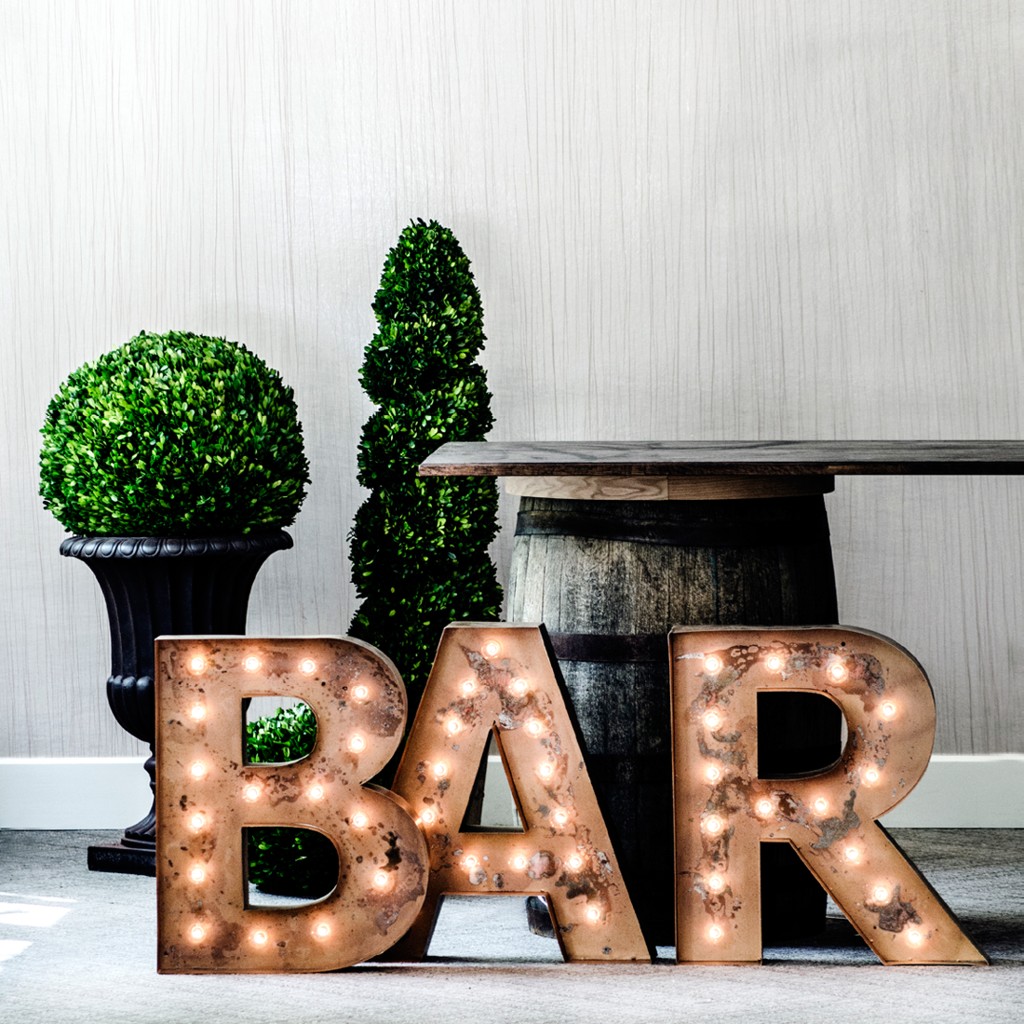 diy bar letters for on the top of the downstairs bar cabinet e chipboard or metal letters from craft store and add lights