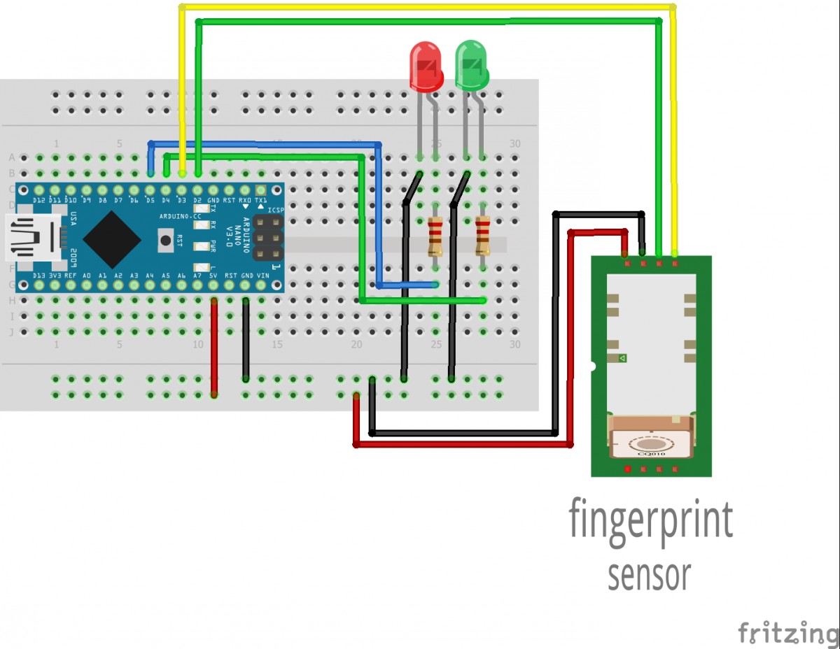 Then connect the fingerprint sensor to the Arduino Nano note yellow wire to port D3 green wire to port D2