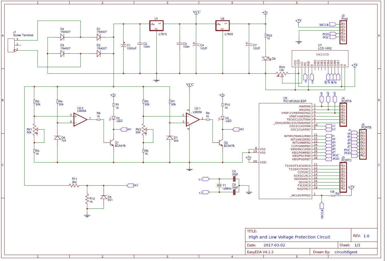 high low voltage protection using PIC microcontroller circuit