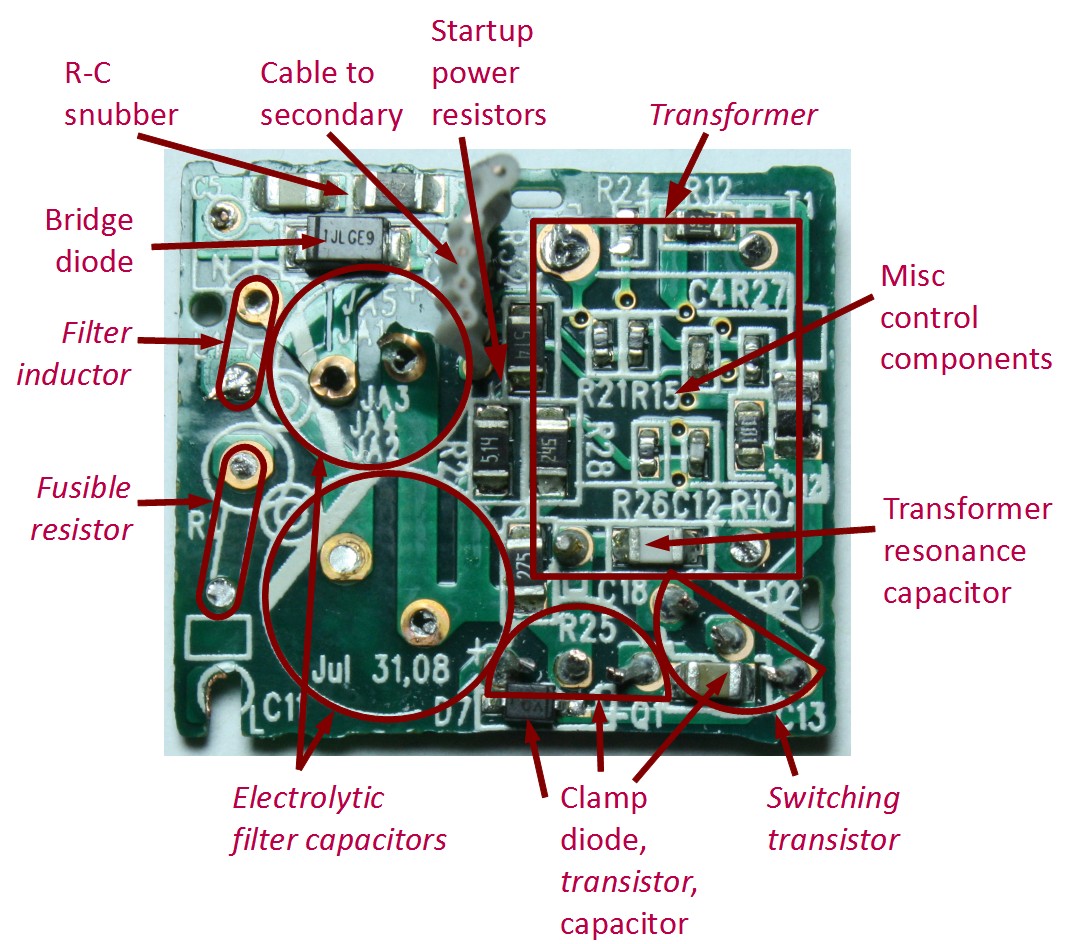 Apple iPhone charger showing the primary circuit board with some ponents removed