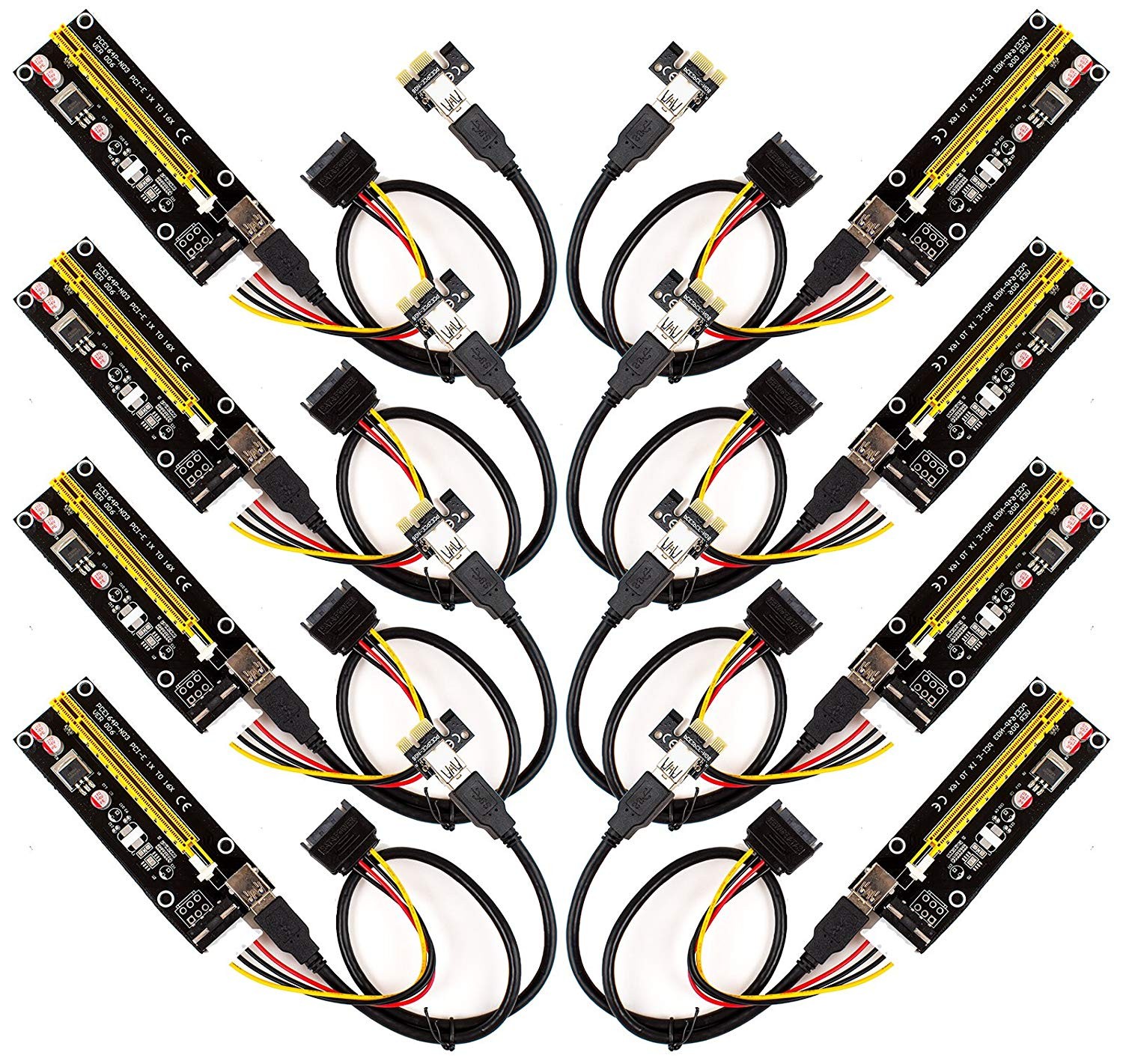 Amazon 6 Pack PCI E 16x to 1x Powered Riser Adapter Card w 50cm USB 3 0 Extension Cable & MOLEX to SATA Power Cable GPU Riser Extender Cable