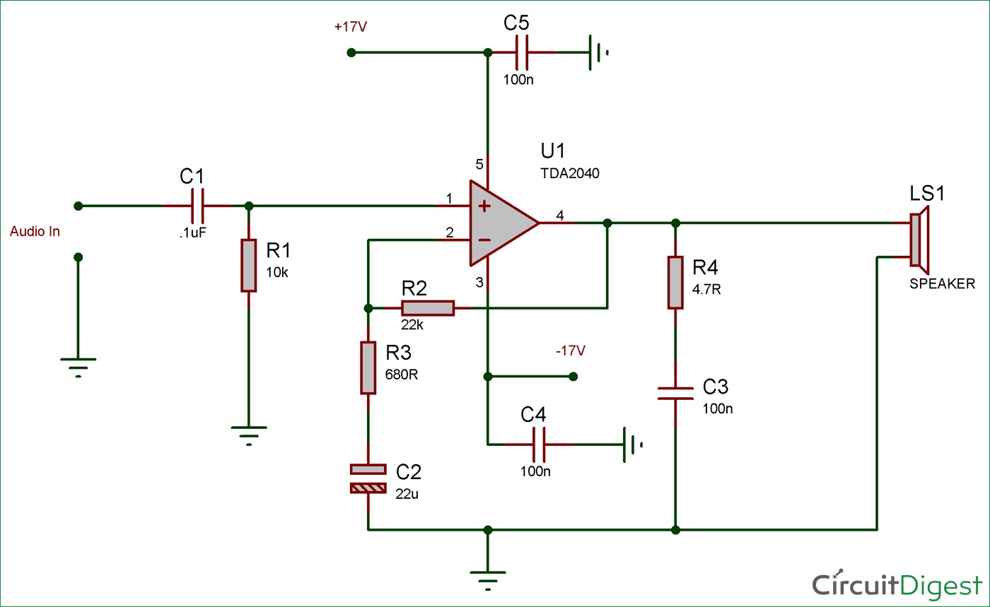 Circuit Diagram for 25 Watt Audio Amplifier Circuit using TDA2040