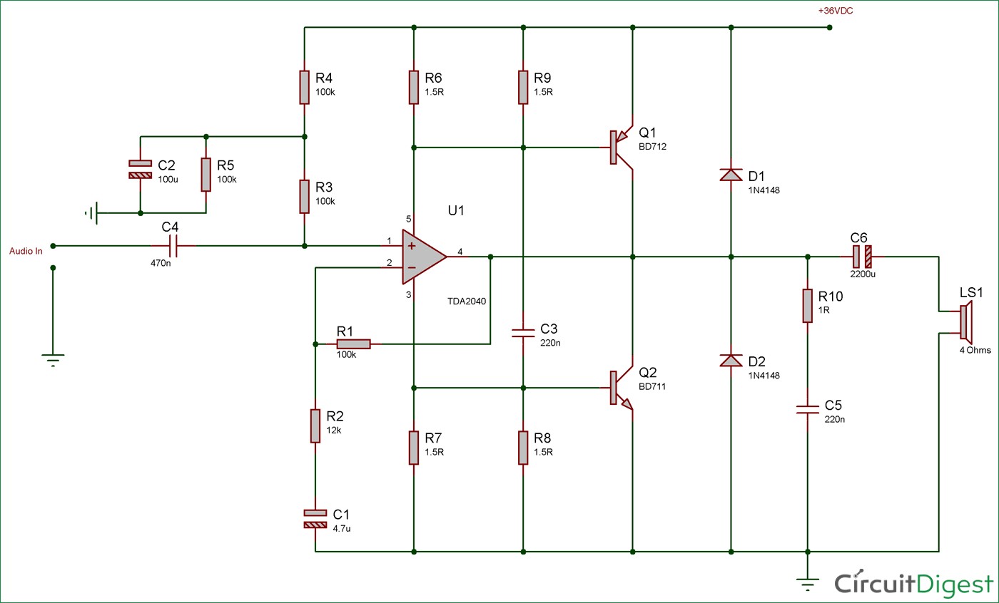 Circuit Diagram for 40 Watt audio Amplifier using TDA2040 and Transistor Pair