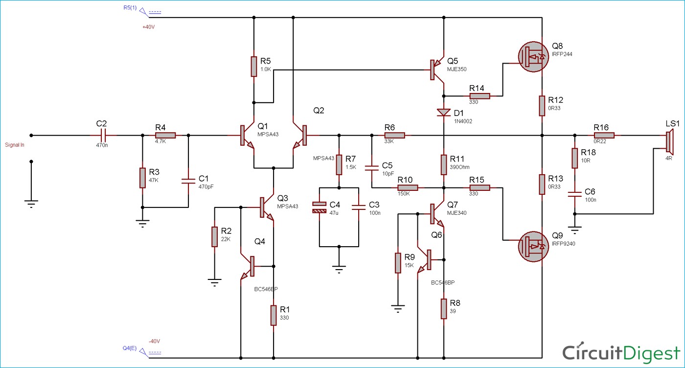 Circuit Diagram for 100 Watt Power Amplifier Circuit using MOSFET