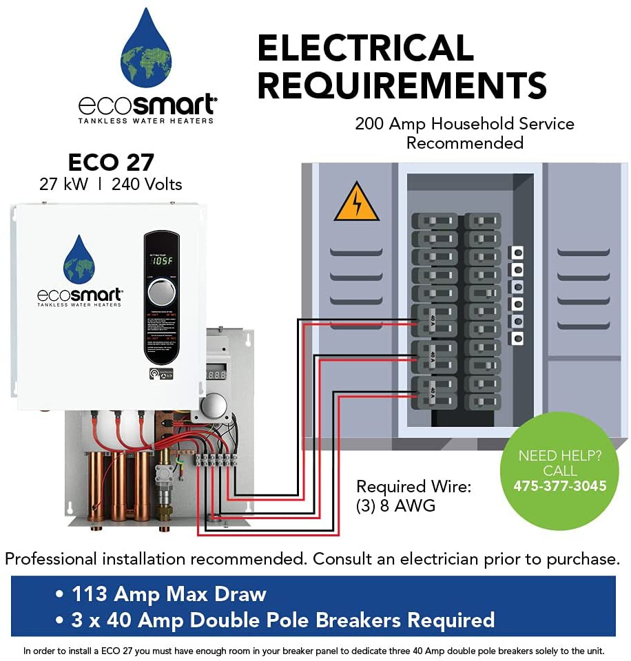 8XZXWO ecosmart eco 27 electric tankless water heater 27 kw at 240 volts 112 5 amps with patented self modu