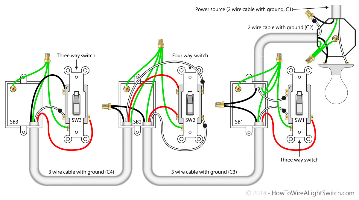 4 way switch with power feed via the light